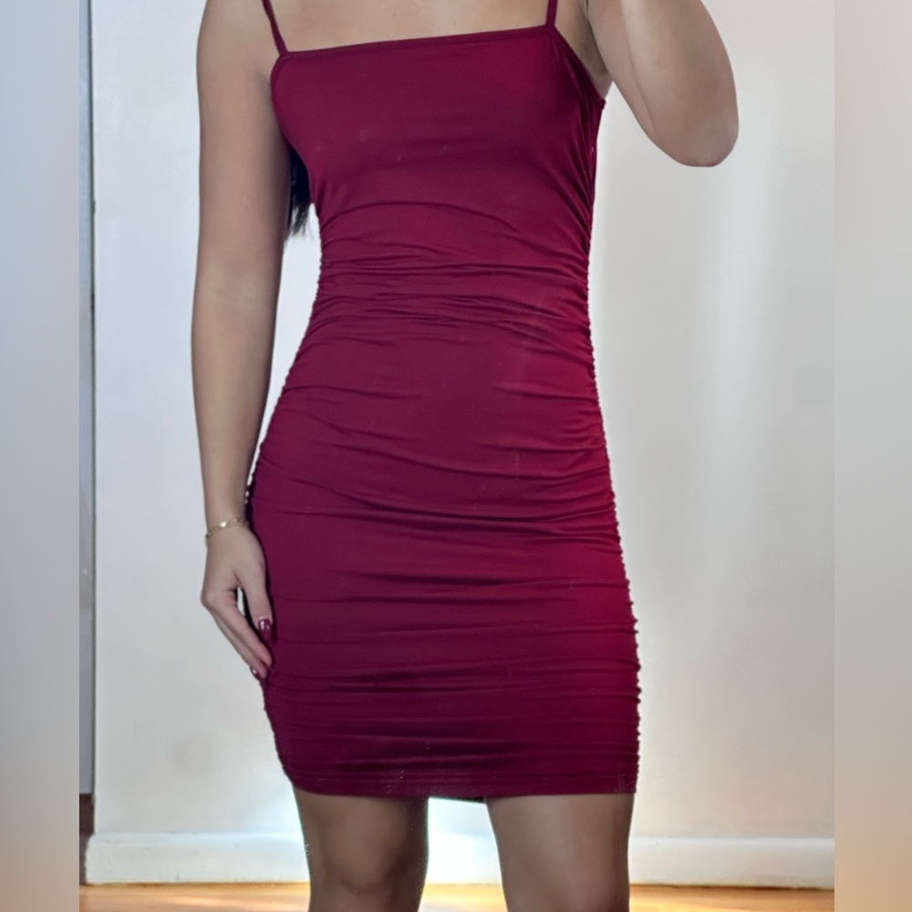 Ruched Burgandy Red Midi Dress Spaghetti Straps Small